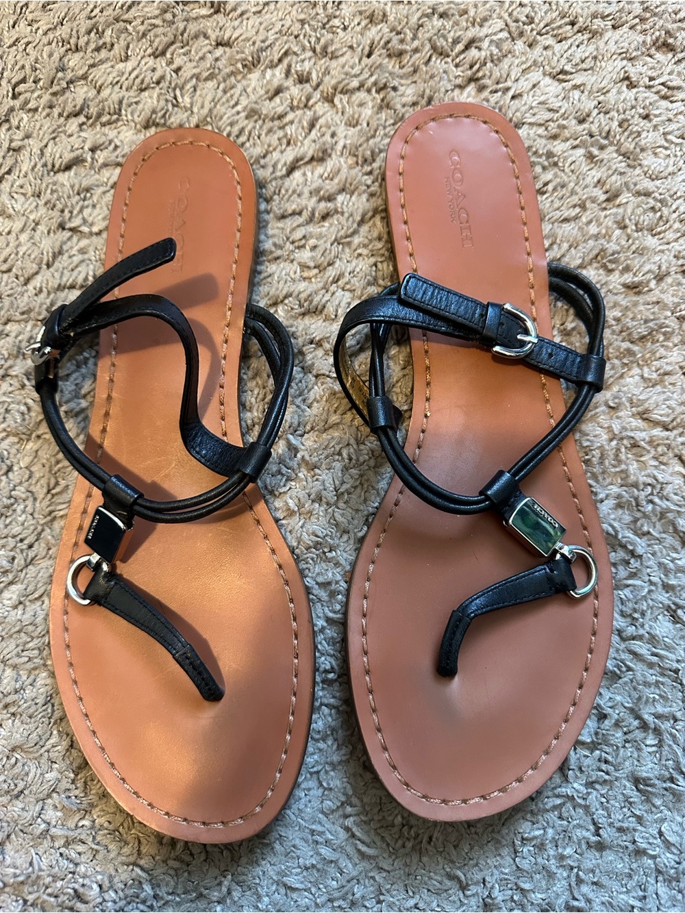 Coach Black Leather Toe-Loop Sandals with Tan Footbed
